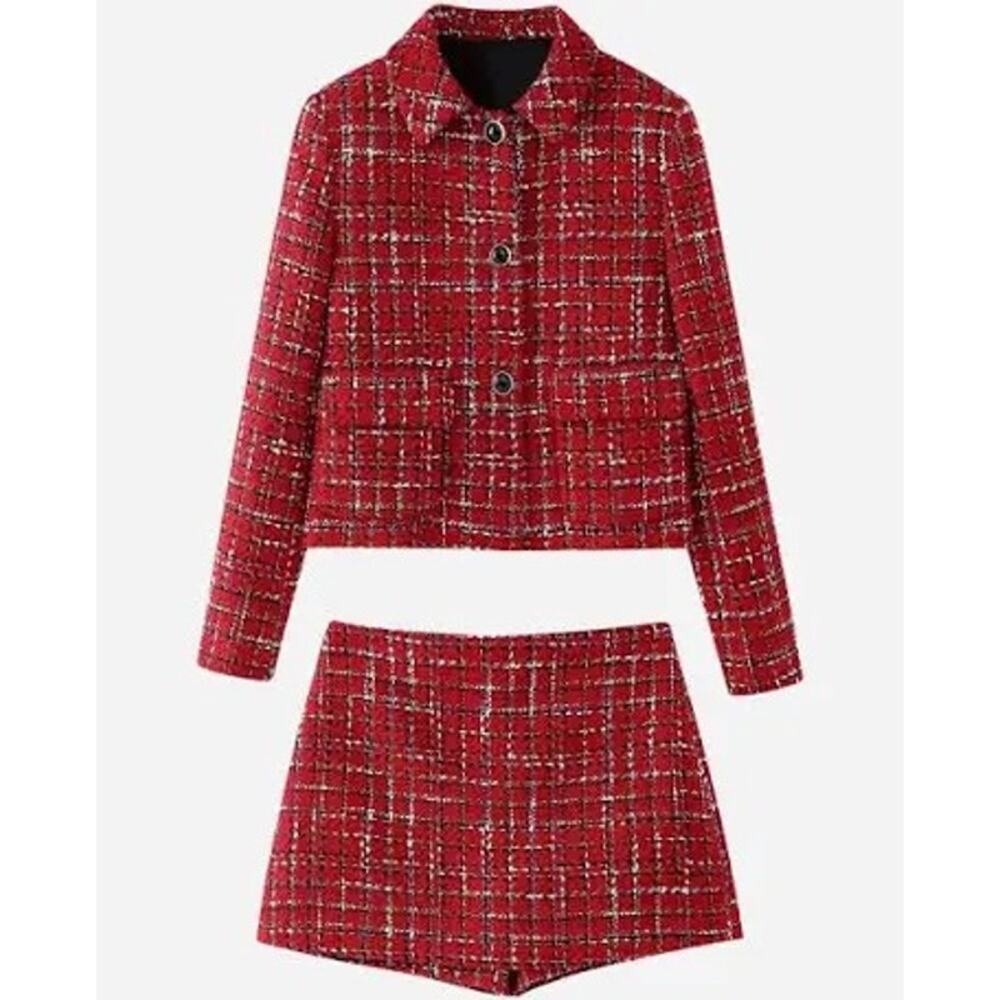 Women’s Red Tweed 2 Piece Skort Suit Set Jacket & Shorts Plaid XS Preppy - Picture 2 of 11